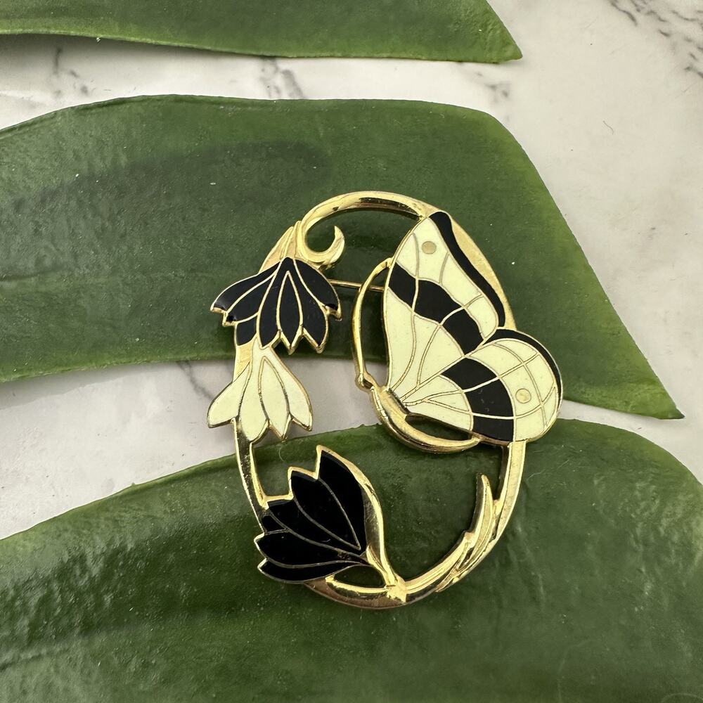 Crown and Fish Cloisonne Style Black White Butterfly Gold Tone Brooch Pin Enamel